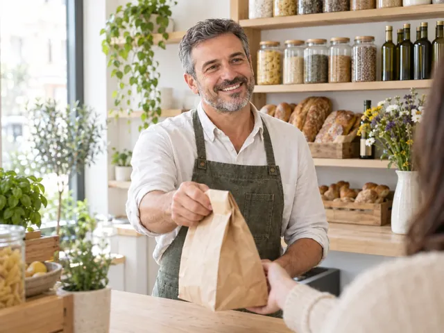 Un negoziante consegna un sacchetto a una cliente